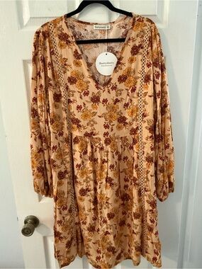 Floral V-Neck Long Sleeve Dress in Beige and Mustard